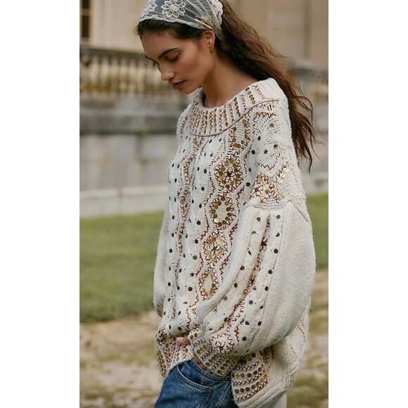 Free People Gilded Cable Embellished Pullover Sweater $298 Sz Small Chunky Knit